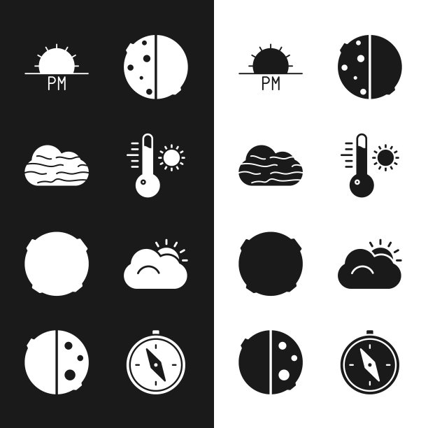 集气象温度计，雾和云，日落，日蚀，月亮，指南针和图标。向量图片下载