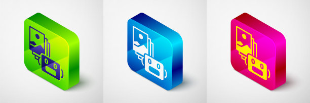 等距人工智能机器人图标孤立在灰色背景。机器学习，云计算。方形按钮。向量图片下载