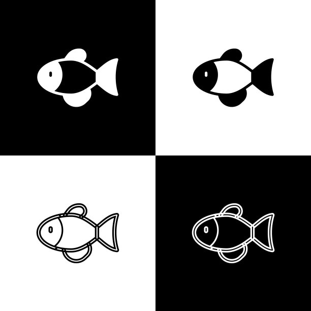 将鱼图标隔离在黑白背景上。向量图片下载