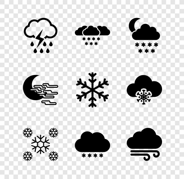 集云与雨和闪电，雪，月亮，雪，风天气图标。向量图片下载