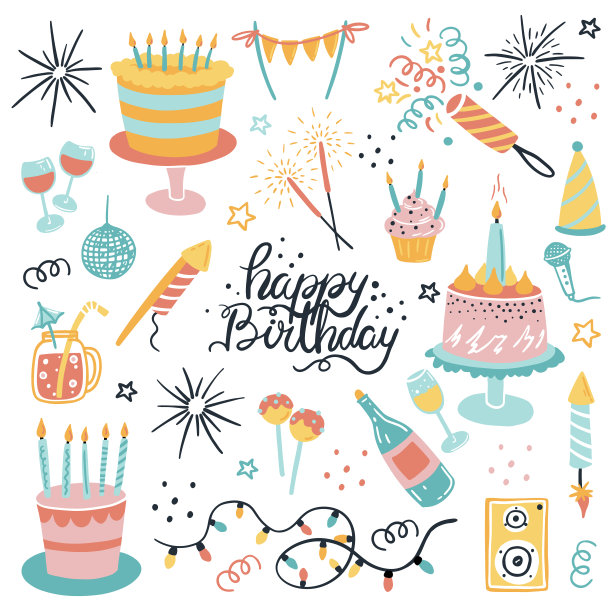 为你的生日设置的向量。元素在卡通风格。鞭炮，蛋糕，一瓶香槟，玻璃杯，鸡尾酒，烟花。柔和的颜色图片下载
