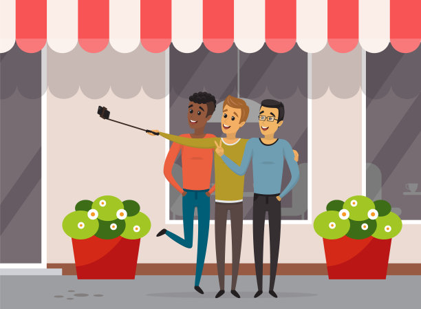 男人们把手机放在单脚架上，正摆姿势合影。朋友们用智能手机自拍图片下载