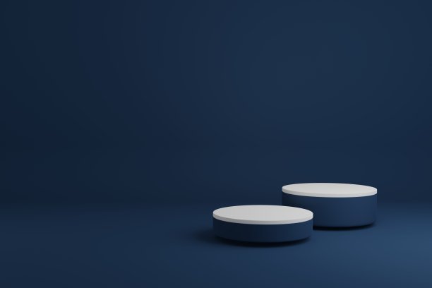 蓝色房间中的豪华白色产品展台，产品场景工作室，极简设计，3D渲染图片下载