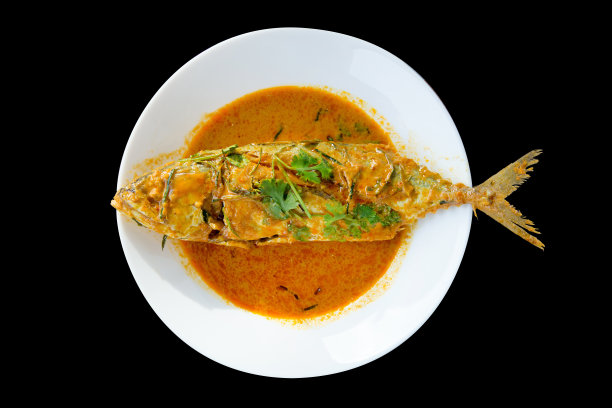 俯视图的鲭鱼在干红咖喱上黑色孤立，焦点选择性。图片下载