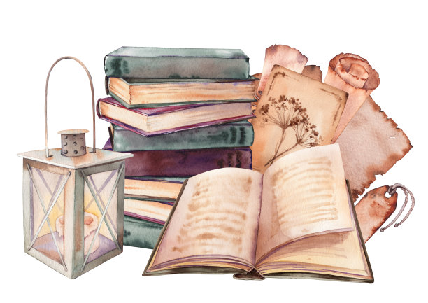 旧纸、信封、书和复古灯笼。图片下载