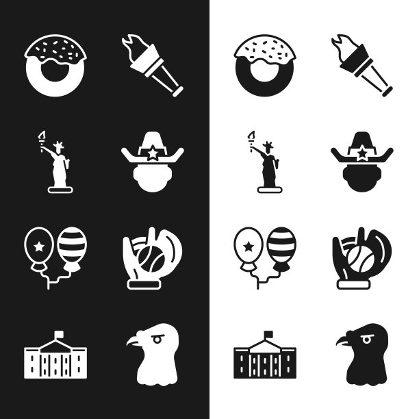 设置警长牛仔，自由女神像，甜甜圈，火炬火焰，气球，棒球手套与球，鹰头和美国国会的图标。向量图片下载