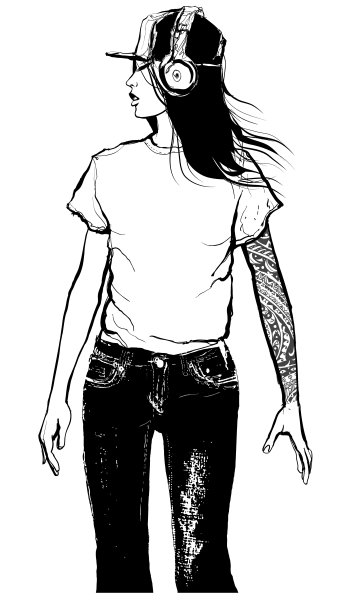 纹身的女孩，帽子和耳机图片下载