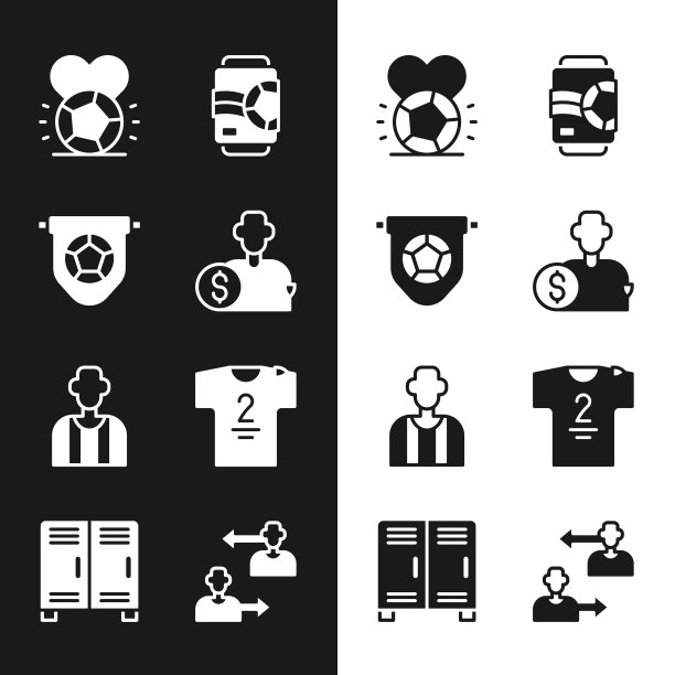 购买足球运动员，足球旗帜，足球，啤酒罐，或足球裁判，球衣和t恤，换人和更衣室图标。向量图片下载