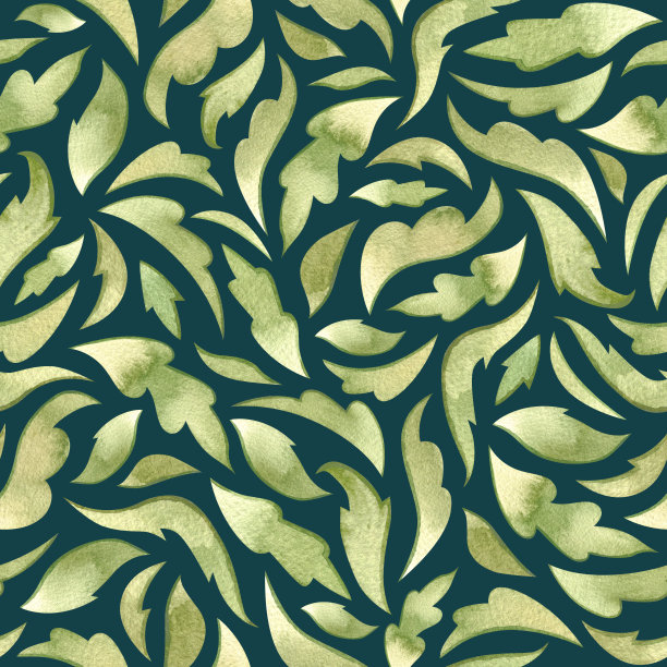 水彩绿叶无缝模式在黑暗的背景。彩色手绘设计元素。图片下载