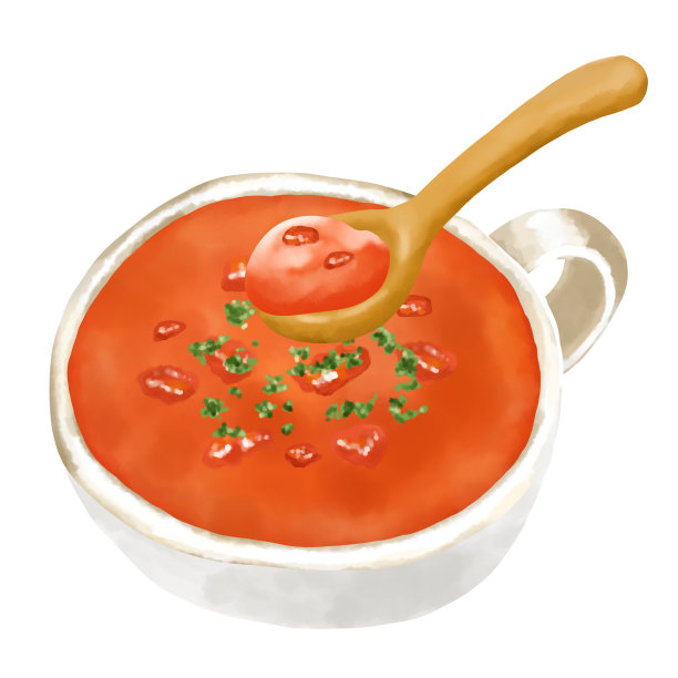 水彩插图番茄汤(西班牙凉菜汤)和木勺图片下载