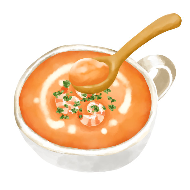 水彩插图虾浓汤和木勺图片下载