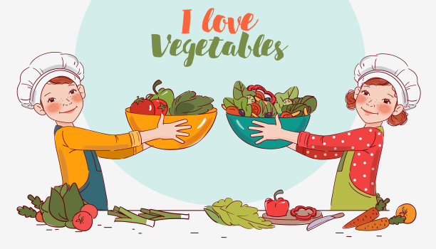 可爱的男孩和女孩在厨房里做沙拉图片下载