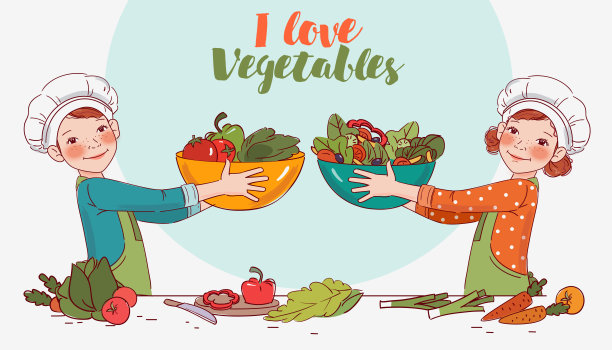 可爱的男孩和女孩在厨房里做沙拉图片下载