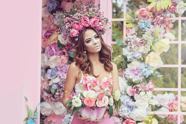 卡拉维拉·卡特里娜的特写照片。糖头骨化妆。亡灵万岁。亡灵节。万圣节图片下载