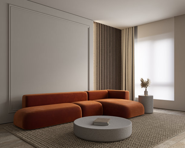 现代古典极简主义灰色，米色室内与橙色沙发，墙壁线条，窗帘和装饰。3d渲染插图模型。图片下载