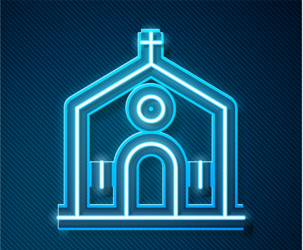 发光的霓虹灯排成教堂建筑的图标孤立在上图片下载