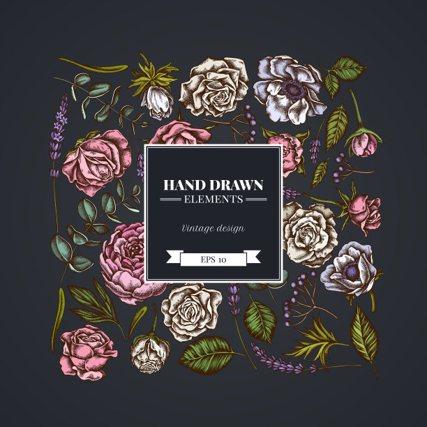 方形花卉设计在黑暗的背景与玫瑰图片下载