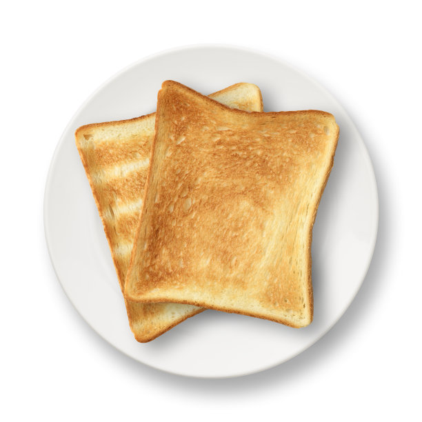 两片烤面包放在白色的盘子上，背景是白色的。图片下载