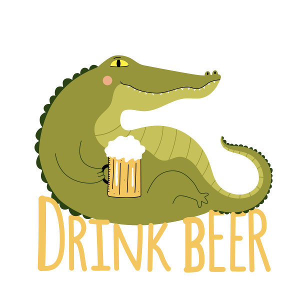 可笑的绿鳄鱼在喝冰啤酒图片下载
