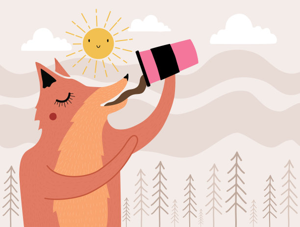 狐狸喝咖啡、茶或热巧克力图片下载