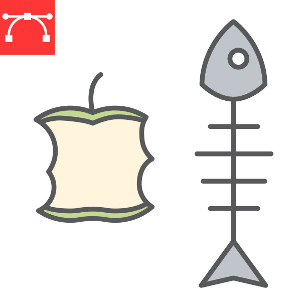 有机废色线图标苹果核和鱼图片下载