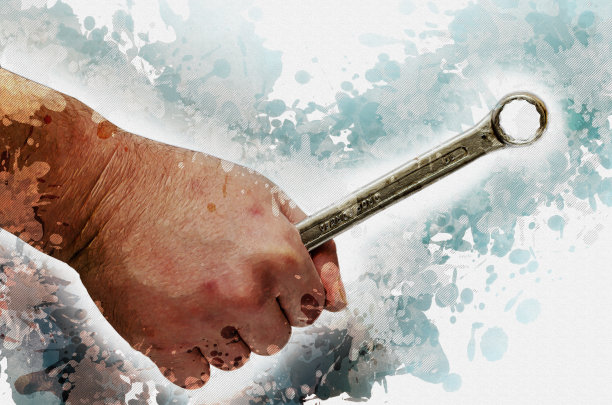 手里拿着扳手。成年男性的手握着一把内六角钥匙。数字水彩画。图片下载