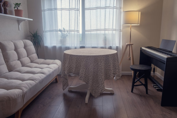 房间内部有桌子、沙发和电动钢琴。客厅里有一扇带落地灯的窗户，还有一件乐器图片下载