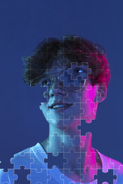艺术品。年轻人的肖像拼图缺失的碎片，现代艺术拼贴。多样性概念，心理健康，情感，美，创造力图片下载