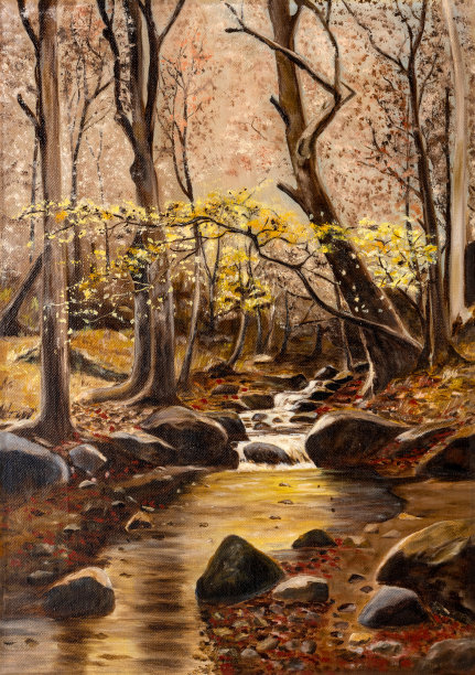 古典森林溪风景油画图片下载