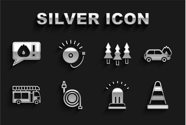 设消防水龙带卷燃烧汽车交通锥图片下载