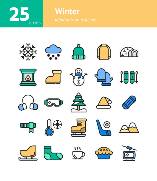 冬季填充轮廓图标集图片下载