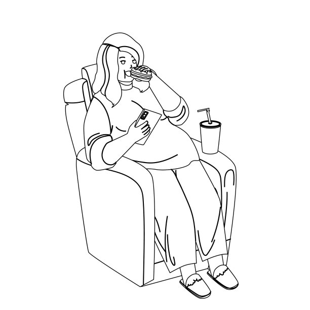 超重的女孩坐在扶手椅上吃快餐图片下载