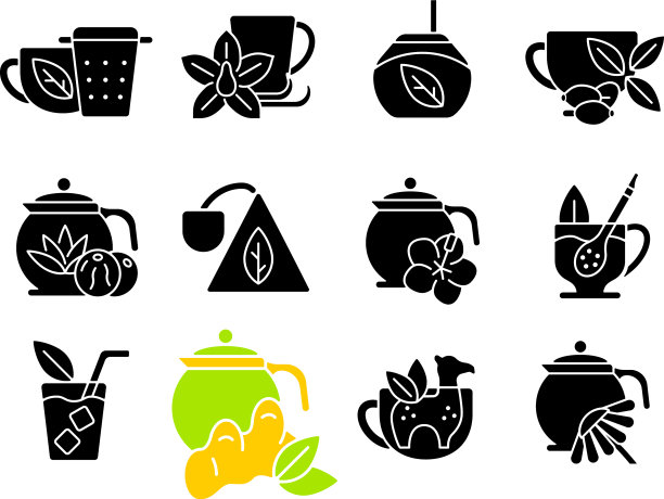 与饮茶相关的黑色字形图标设置图片下载