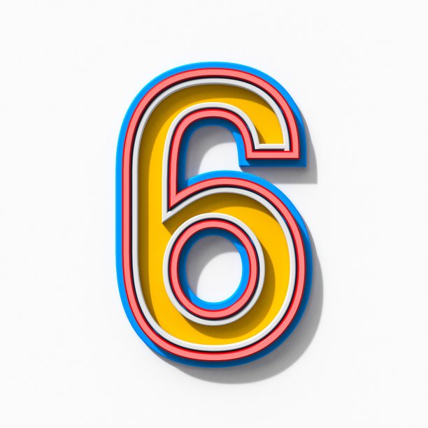 平板衬线彩色轮廓字体与阴影数字6 6 3D图片下载