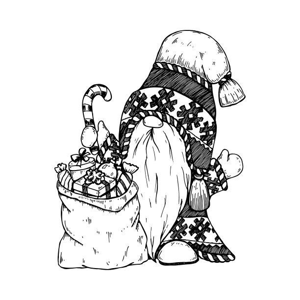 手画的圣诞节侏儒和袋与礼物图片下载