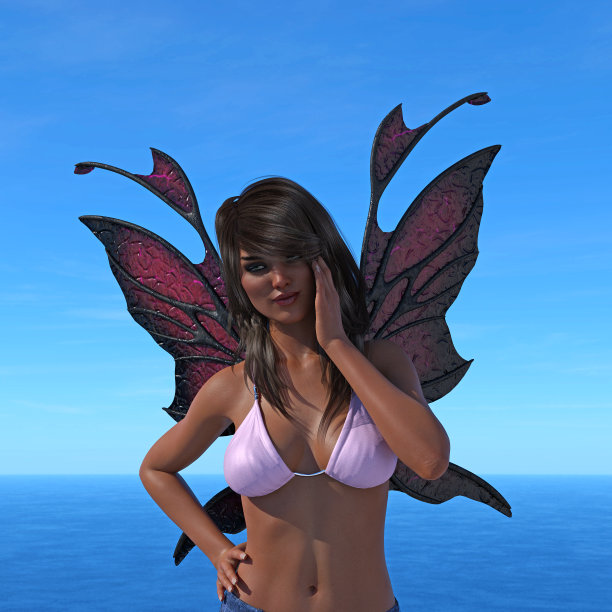 长着翅膀的仙女穿着粉色比基尼，手放在脸颊上图片下载