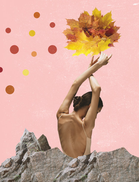 现代设计，当代艺术拼贴。灵感，想法，时尚的都市杂志风格。用苗条的女人和黄色的秋叶组成图片下载