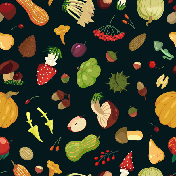 秋收矢量无缝模式。蘑菇，坚果，水果，浆果，南瓜。简约卡通风格的秋季饰品。摘要Ñ彩色图案适用于印刷、背景、墙纸、纺织品、织物、装饰。图片下载