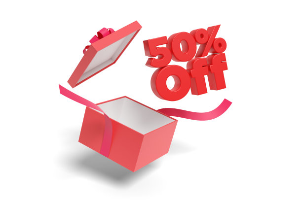 在白色背景上，从礼盒中取出的文字打了五折。3 d演示。图片下载