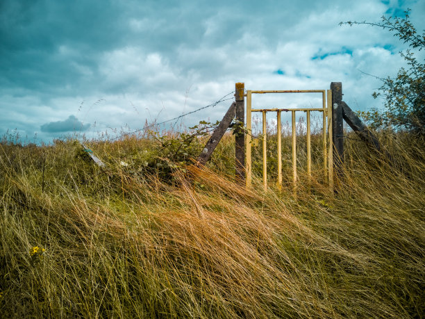 在开阔的田野里，古老的大门紧闭图片下载