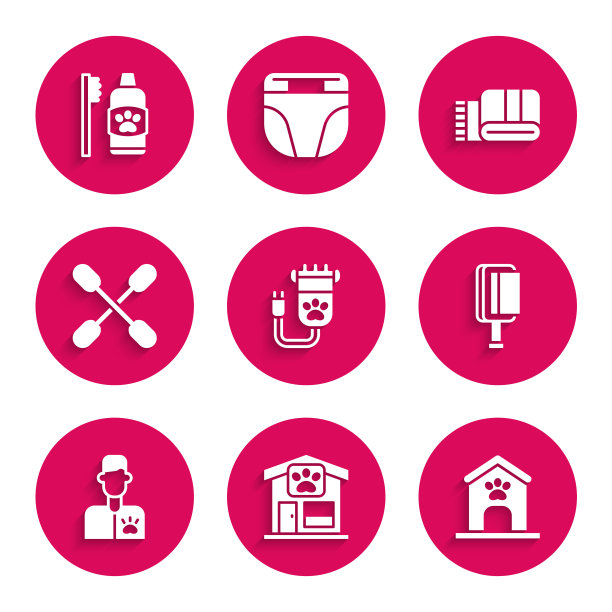 设置理发器宠物，宠物美容，狗屋和爪子印，狗猫刷，兽医医生，棉签耳朵，毛巾栈和牙科卫生宠物图标。向量图片下载