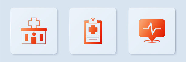 创患者记录、医院建筑和心率。白色正方形按钮。向量图片下载