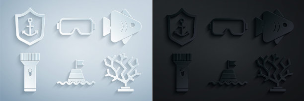 设置浮动浮标在海上，鱼，手电筒，珊瑚，潜水面罩和锚内盾图标。向量图片下载