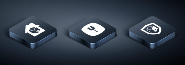 设置Isometric Home送货服务，送货安全与盾牌和易碎玻璃图标。向量图片下载