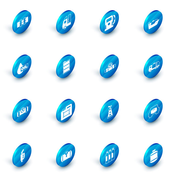 设置汽车油箱，加油站，油轮船，跌落，金属管道和阀门，桶油，油轮卡车和图标。向量图片下载