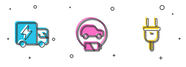 集电动卡车，汽车和插头图标。向量图片下载