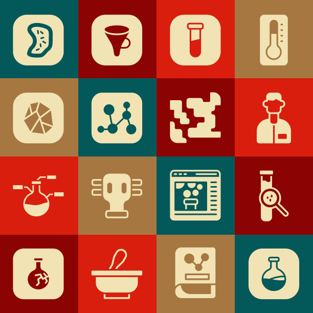 设置试管和烧瓶，实验室助理，化学配方，盐石，细菌和气体图标。向量图片下载