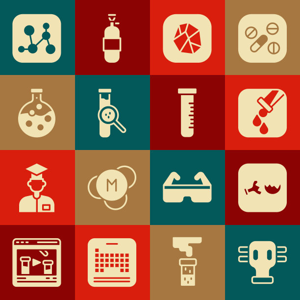 设置防毒面具，破碎瓶，试管和，盐石，化学配方和图标。向量图片下载