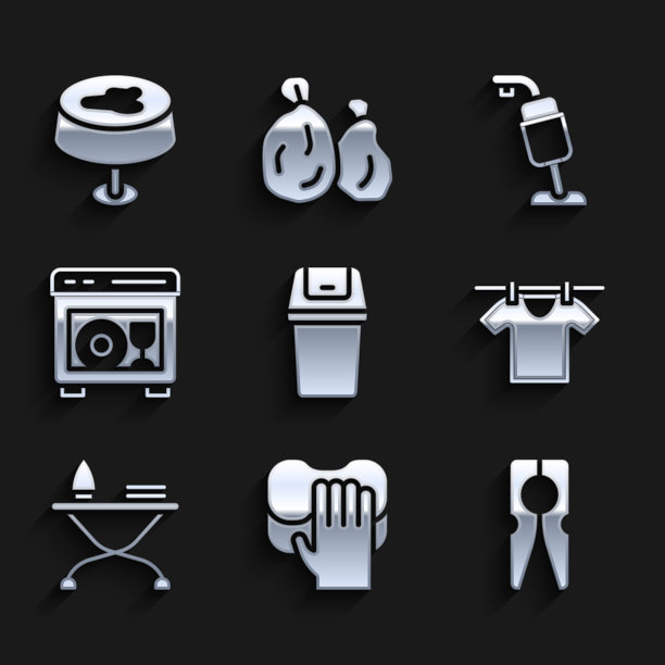 设置垃圾桶，清洁服务，衣服别针，烘干衣服，熨斗和熨衣板，洗碗机，吸尘器和染色台布图标。向量图片下载