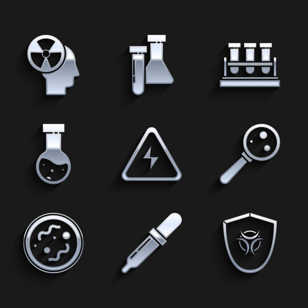 设置高电压标志，移液器，生物危害标志，放大镜下的微生物，细菌，试管和瓶化学，和人类头部辐射图标。向量图片下载